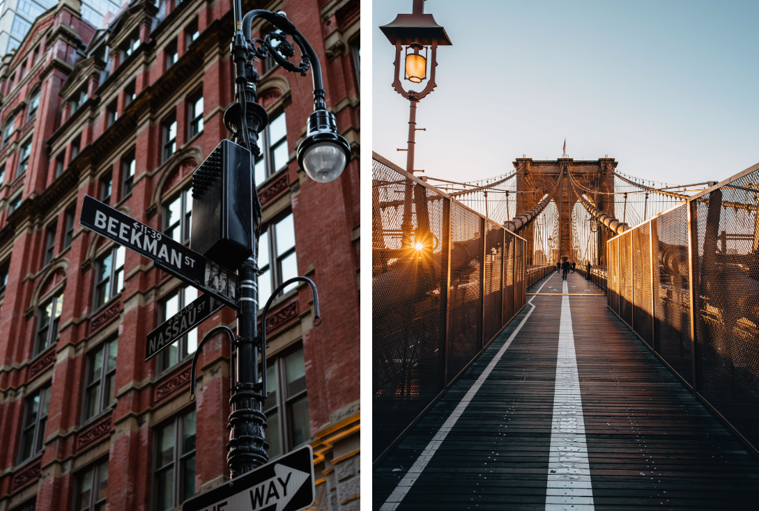 On the left, a photo capturing the "Beekman St" street signboard, and on the right, the Brooklyn Bridge route.